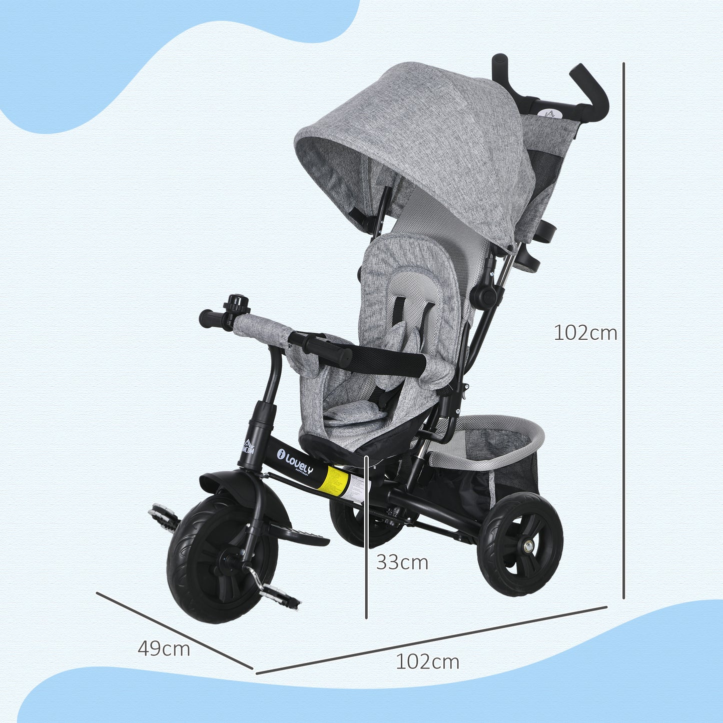 4 in 1 Kids Trike Push Bike with Push Handle and Canopy for 1-5 Years in Grey | HOMCOM-1