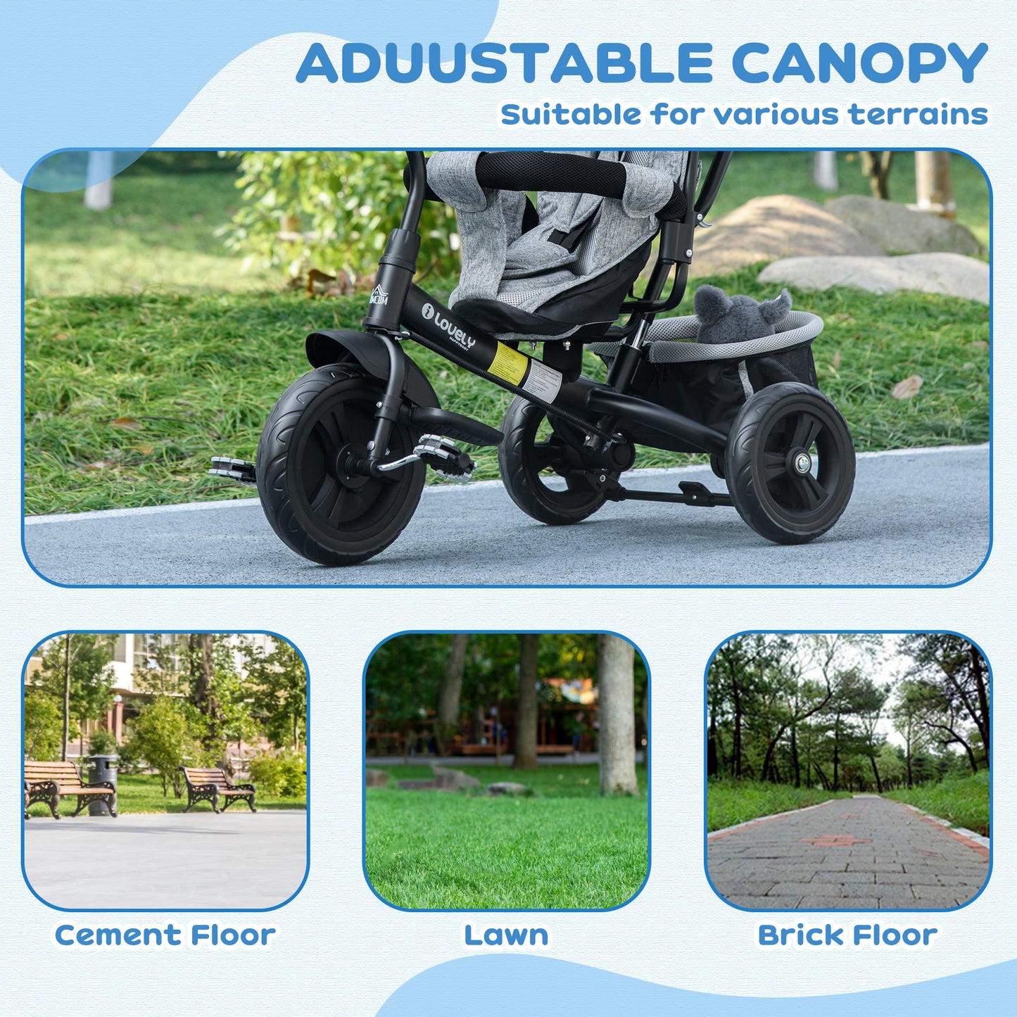 4 in 1 Kids Trike Push Bike with Push Handle and Canopy for 1-5 Years in Grey | HOMCOM-4